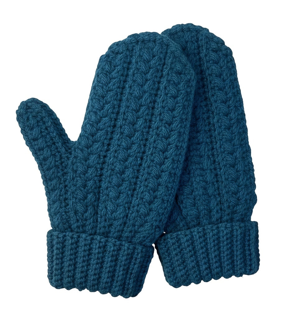 Kim the Happy Crafter teal acrylic mittens featuring a textured wheat stitch crochet pattern and ribbed cuffs.
