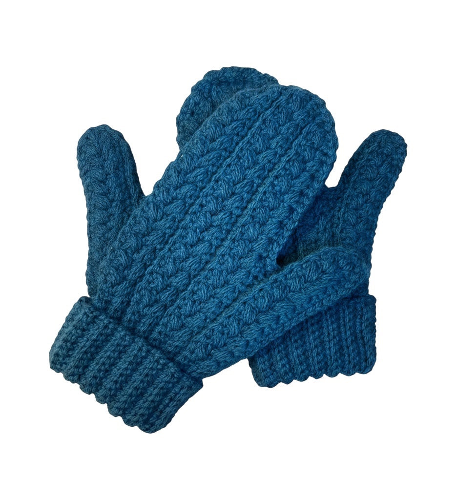 Kim the Happy Crafter blue acrylic mittens featuring a textured wheat crochet stitch pattern and ribbed cuffs.