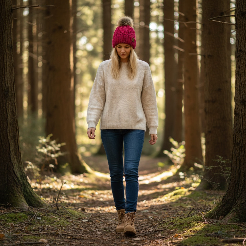 Kim the Happy Crafter cerise crochet beanie with faux fur pom-pom worn by a woman walking in a forest