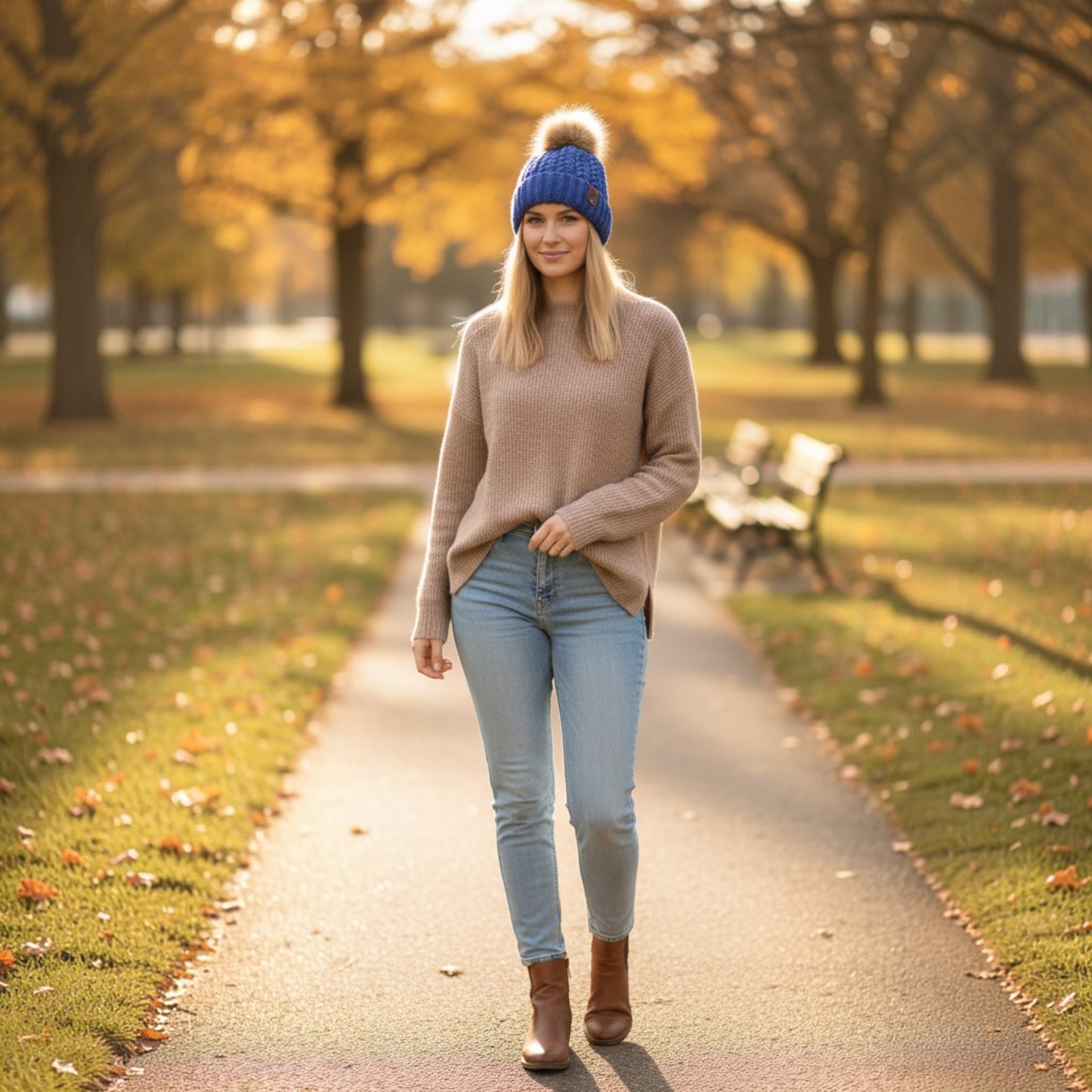 Kim the Happy Crafter denim blue crochet beanie with wheat stitch, fold-up brim, and faux fur pom pom on a woman.