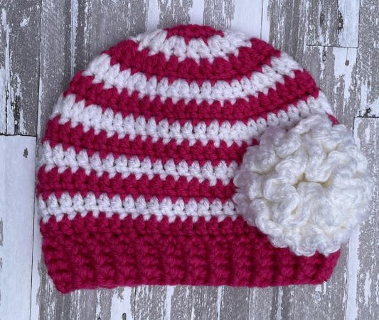 Striped beanie hot pink and white